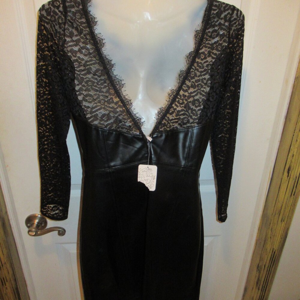 Free People Small NWT Colleen Faux Leather Lace Mini Dress Black Pleather Vegan - Picture 11 of 16